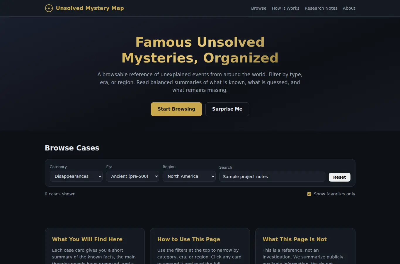 Screenshot of Famous Unsolved Mystery Map interface showing the project page in use
